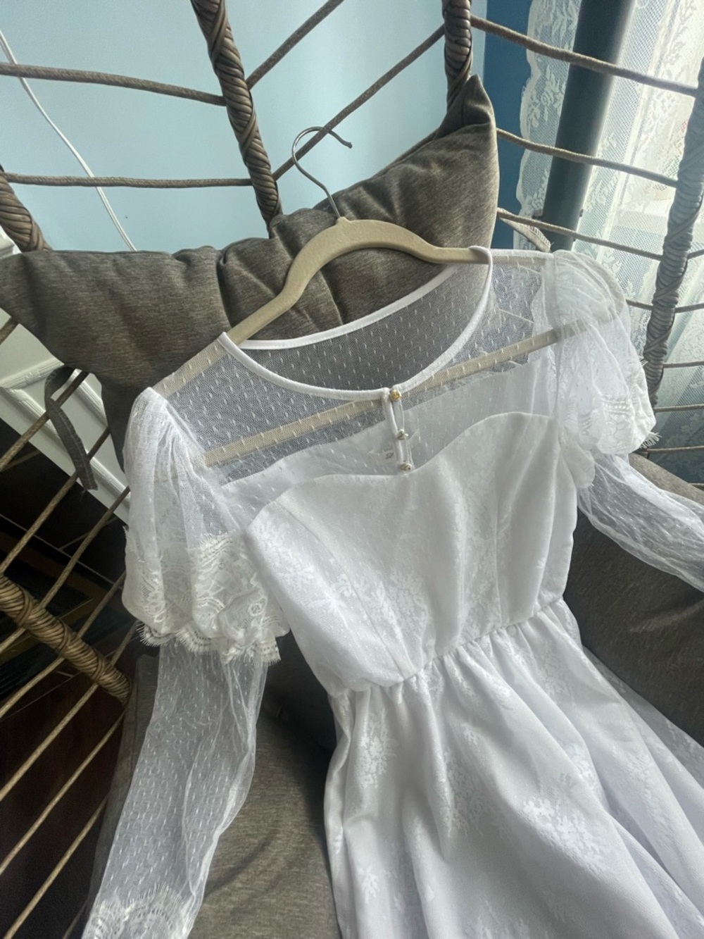 White Sheer Lace Puff Sleeve Dress lace wedding dress